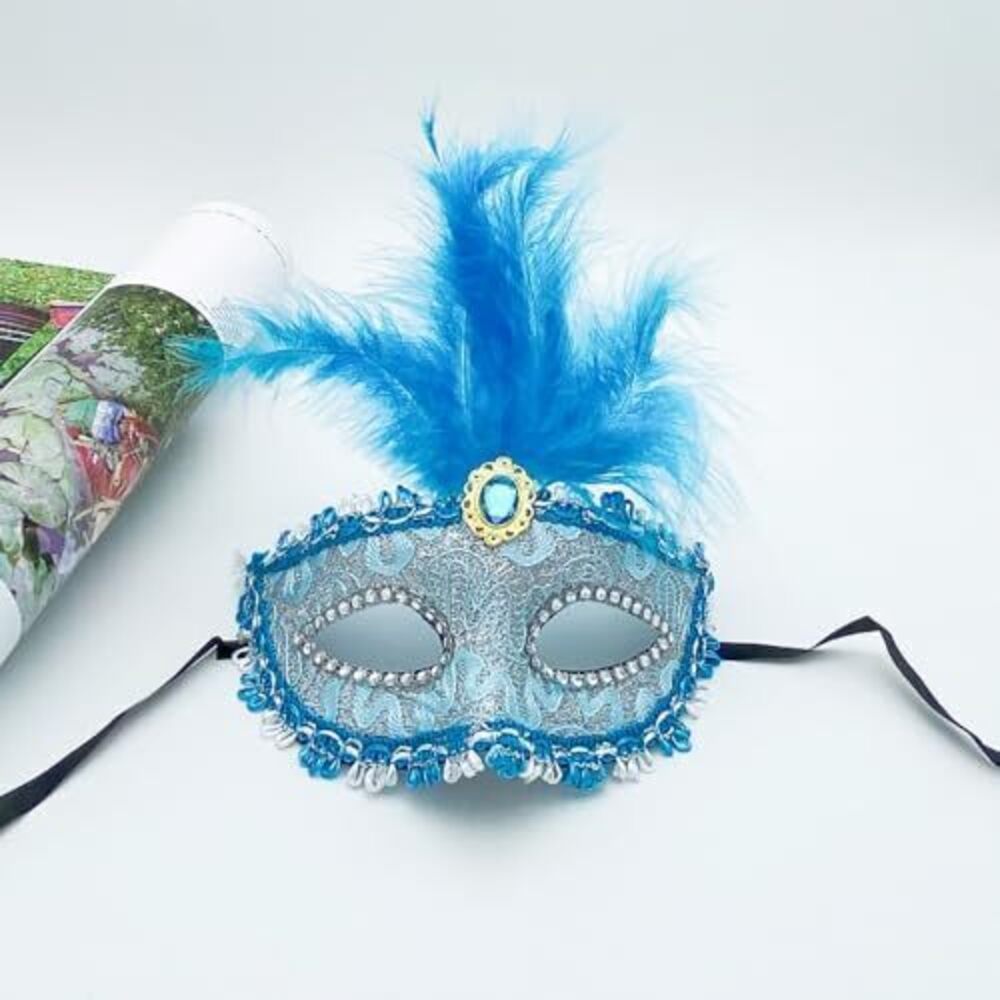 5021 Blue Feather Masquerade Mask - Venetian Gothic Eye Mask - Party, Mardi